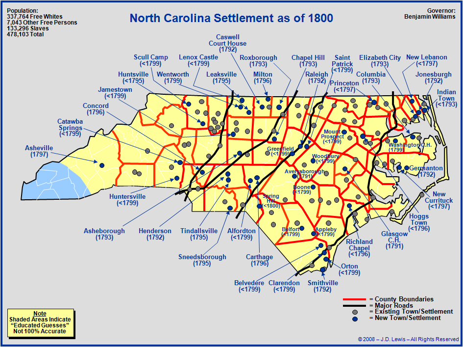 North Carolina  Towns, Major Roads, and Settlement Limits as of 1800