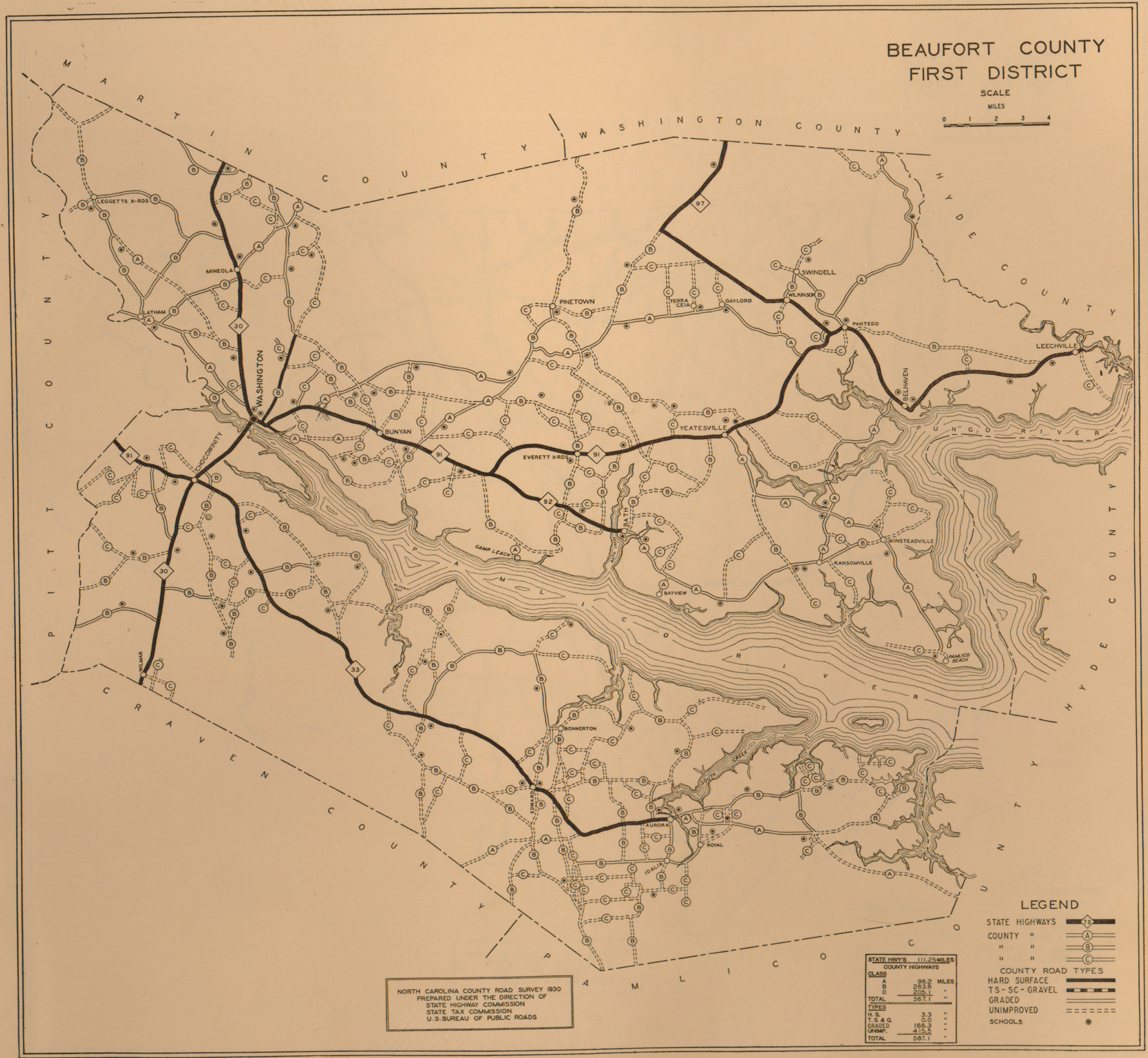 1930 Road Map Of Beaufort County North Carolina